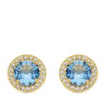 18K PENDIENTES ORO AMARILLO PIEDRA AZUL CLARO 9 MM CIRCONITA CIERRE PRESION