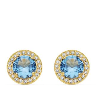 18K PENDIENTES ORO AMARILLO PIEDRA AZUL CLARO 9 MM CIRCONITA CIERRE PRESION