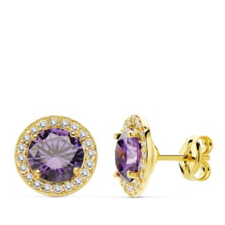 18K PENDIENTES ORO AMARILLO PIEDRA AMATISTA CIRCON, 9 MM CIERRE PRESION