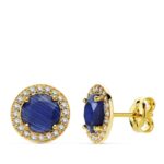 18K PENDIENTES ORO AMARILLO PIEDRA AZUL CIRCONITA 9 MM CIERRE PRESION