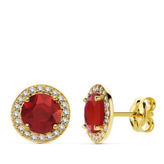 18K PENDIENTES ORO AMARILLO PIEDRA ROJA CIRCONITA 9 MM CIERRE PRESION