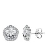 18K PENDIENTES ORO BLANCO FLOR Y CIRCONITA 9 MM CIERRE PRESION