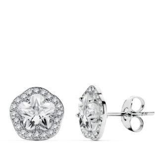18K PENDIENTES ORO BLANCO FLOR Y CIRCONITA 9 MM CIERRE PRESION