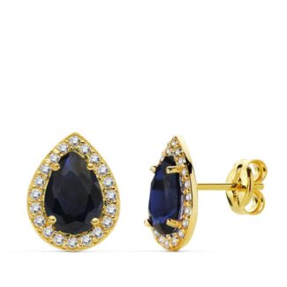 18K PENDIENTES ORO AMARILLO PIEDRA AZUL CIRCNONITAS 10X8 MM CIERRE PRESION