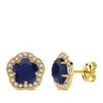 18K PENDIENTES ORO AMARILLO FLOR PIEDRA AZUL, 9X9 MM CIERRE PRESION