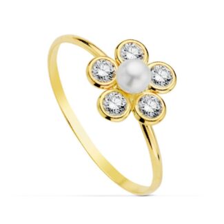 18K SORTIJA ORO AMARILLO FLOR CIRCONITAS CON PERLA DE 3MM, ANCHO: 9X9 MM