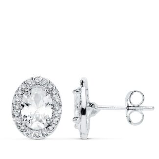 18K PENDIENTES ORO BLANCO OVAL CIRCONITA 10X8 MM CIERRE PRESION