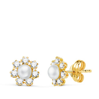 18K PENDIENTES ORO AMARILLO CON CIRCONITAS Y PERLA DE 4 MM, MEDIDA: 9X9 MM, CIERRE PRESION