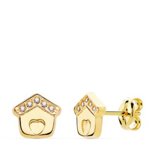 18K PENDIENTES ORO AMARILLO CASITA CIRCONITA 7X7 MM CIERRE PRESION