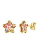 18K PENDIENTES ORO AMARILLO ESTRELLA NACAR COLORES, 8X8 MM CIERRE PRESION