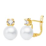 18K PENDIENTES ORO AMARILLO GARRAS CIRCONITA PERLA 7,5 MM 11X7,5 MM CIERRE CATALAN
