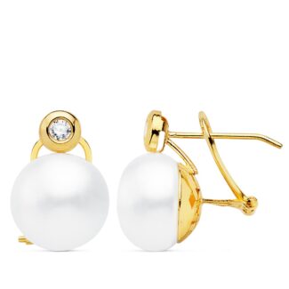 18K PENDIENTES ORO AMARILLO PERLA Y CHATON, 16X11 MM CIERRE OMEGA