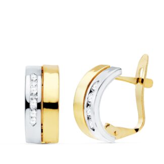 18K PENDIENTES ORO BICOLOR DOS BANDAS CON CIRCONITAS CARRIL, 12 X 5 MM, CIERRE CATALAN