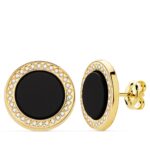 18K PENDIENTES ORO AMARILLO REDONDOS CIRCONITA Y ONIX, 12,5 MM CIERRE PRESION