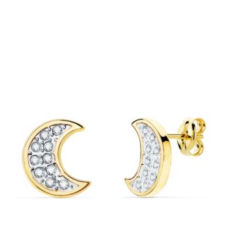 18K PENDIENTES ORO BICOLOR LUNA CON CIRCONITA 11X9 MM CIERRE PRESION,