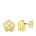 18K PENDIENTES ORO AMARILLO FLOR Y CIRCONITA 7,5X7 MM CIERRE PRESION,