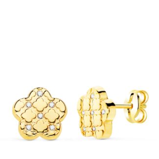 18K PENDIENTES ORO AMARILLO FLOR Y CIRCONITA 7,5X7 MM CIERRE PRESION,