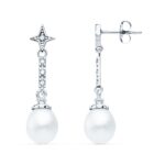 18K PENDIENTES ORO BLANCO PERLA Y CIRCONITA 28X8 MM CIERRE PRESION