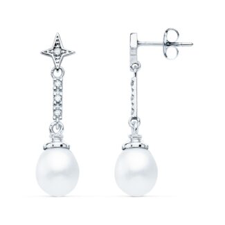18K PENDIENTES ORO BLANCO PERLA Y CIRCONITA 28X8 MM CIERRE PRESION