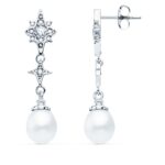 18K PENDIENTES LARGOS ORO BLANCO PERLA Y CIRCONITA 35X8 MM CIERRE PRESION