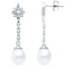18K PENDIENTES LARGOS ORO BLANCO PERLA Y CIRCONITA 37X7 MM CIERRE PRESION