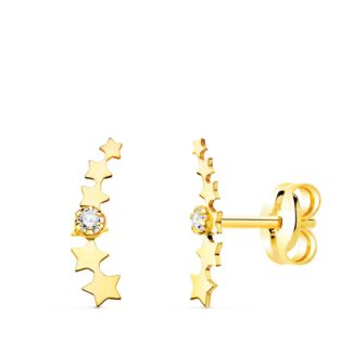 18K PENDIENTES ORO AMARILLO TREPADOR MINI ESTRELLAS CON CIRCONITA 10X2,5 MM CIERRE PRESION