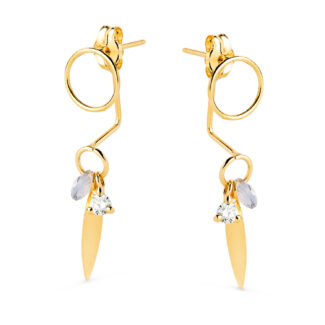 18K PENDIENTES ORO AMARILLO EAR JACKETCON CIRCULO, HOJA Y PIEDRA AZUL 27X7 MM, CIERRE PRESION