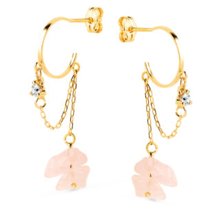 18K PENDIENTES ORO AMARILLO MEDIO ARO 11MM CON CADENA Y CUARZO ROSA 33MM, CIERRE PRESION