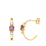 18K PENDIENTES ORO AMARILLO MEDIO ARO AMATISTA CUADRADA Y CIRCONITAS, 14X3,5 MM CIERRE PRESION