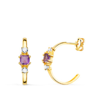 18K PENDIENTES ORO AMARILLO MEDIO ARO AMATISTA CUADRADA Y CIRCONITAS, 14X3,5 MM CIERRE PRESION