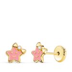 18K PENDIENTES ORO AMARILLO ESTRELLA ESMALTE ROSA 6,5 X 6,5 MM CIERRE TUERCA