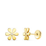 18K PENDIENTES ORO AMARILLO FLOR 6 PETALOS Y CIRCONITA 6X6MM, CIERRE TUERCA