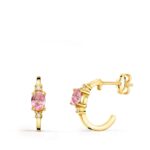 18K PENDIENTES ORO AMARILLO MEDIO ARO LISO CON CIRCONITA ROSA 12X3 MM CIERRE PRESION,
