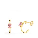 18K PENDIENTES ORO AMARILLO MEDIO ARO LISO CON CIRCONITA ROSA 12X3 MM CIERRE PRESION,