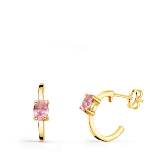 18K PENDIENTES ORO AMARILLO MEDIO ARO LISO CON CIRCONITA ROSA 12X3 MM CIERRE PRESION,