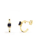 18K PENDIENTES ORO AMARILLO MEDIO ARO LISO CON ZAFIROS 12X3 MM CIERRE PRESION,