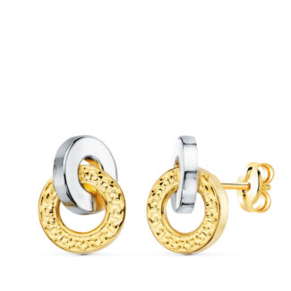 18K PENDIENTES ORO BICOLOR DOBLE ARO LISO Y GRECA 10 X 7 MM, CIERRE PRESION