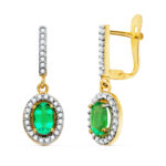 18K PENDIENTES ORO BICOLOR DOS CUERPOS ESMERALDA 6 X 4 MM Y CIRCONITAS, 22 X 8MM CIERRE CATALAN