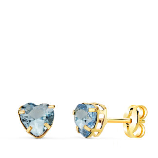 18K PENDIENTES ORO AMARILLO CORAZON CON CIRCONITA AGUAMARINA, MEDIDA: 5X5 MM, CIERRE PRESION