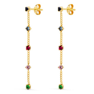 18K PENDIENTES ORO AMARILLO LARGOS CON CADENA Y CIRCONITA COLORES 39 MM, CIERRE PRESION
