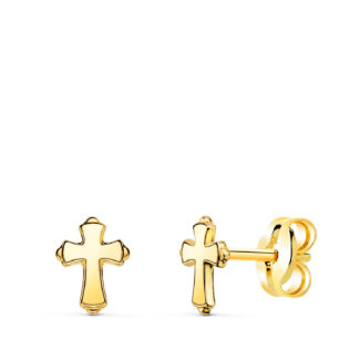 18K PENDIENTES ORO AMARILLO CRUZ EN BRILLO 6 X 4,5 MM, CIERRE PRESION