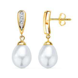 18K PENDIENTES ORO BICOLOR DOS CUERPOS CON PERLAS Y CIRCONITA 25 X 9MM PRESION