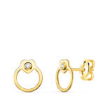 18K PENDIENTES ORO AMARILLO REDONDOS CON CORAZON Y CIRCONITA, CIERRE PRESION 7 X 6 MM