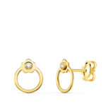 18K PENDIENTES ORO AMARILLO REDONDOS CON FLOR Y CIRCONITA, CIERRE PRESION 8 X 6 MM