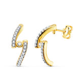 18K PENDIENTES ORO AMARILLO MEDIO ARO DOBLE BANDA CIRCONITA 15 X 6 MM CIERRE PRESION,