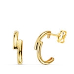 18K PENDIENTES ORO AMARILLO MEDIO ARO LISO BANDA DOBLE BRILLO 13 X 4 MM CIERRE PRESION,