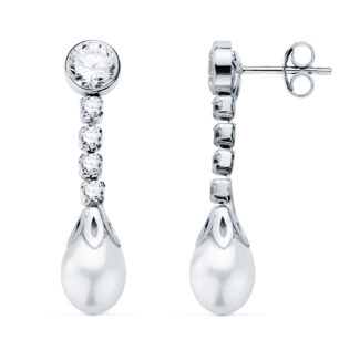 18K PENDIENTES ORO BLANCO PERLA Y CHATON CON CIRCONITA 27 X 6,5MM, CIERRE PRESION