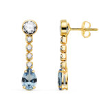 18K PENDIENTES ORO AMARILLO AGUAMARINA EN FORMA DE GOTA Y CIRCONITAS, 22X5 MM, CIERRE PRESION