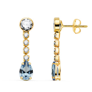 18K PENDIENTES ORO AMARILLO AGUAMARINA EN FORMA DE GOTA Y CIRCONITAS, 22X5 MM, CIERRE PRESION