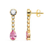 18K PENDIENTES ORO AMARILLO CIRCONITA ROSA EN FORMA DE GOTA Y CIRCONITAS, 22X5 MM, CIERRE PRESION